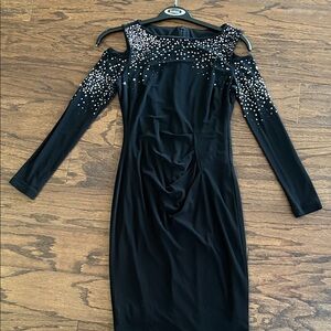 Joseph Ribkoff Black Cold-Shoulder Dress with Crystal Embellishments